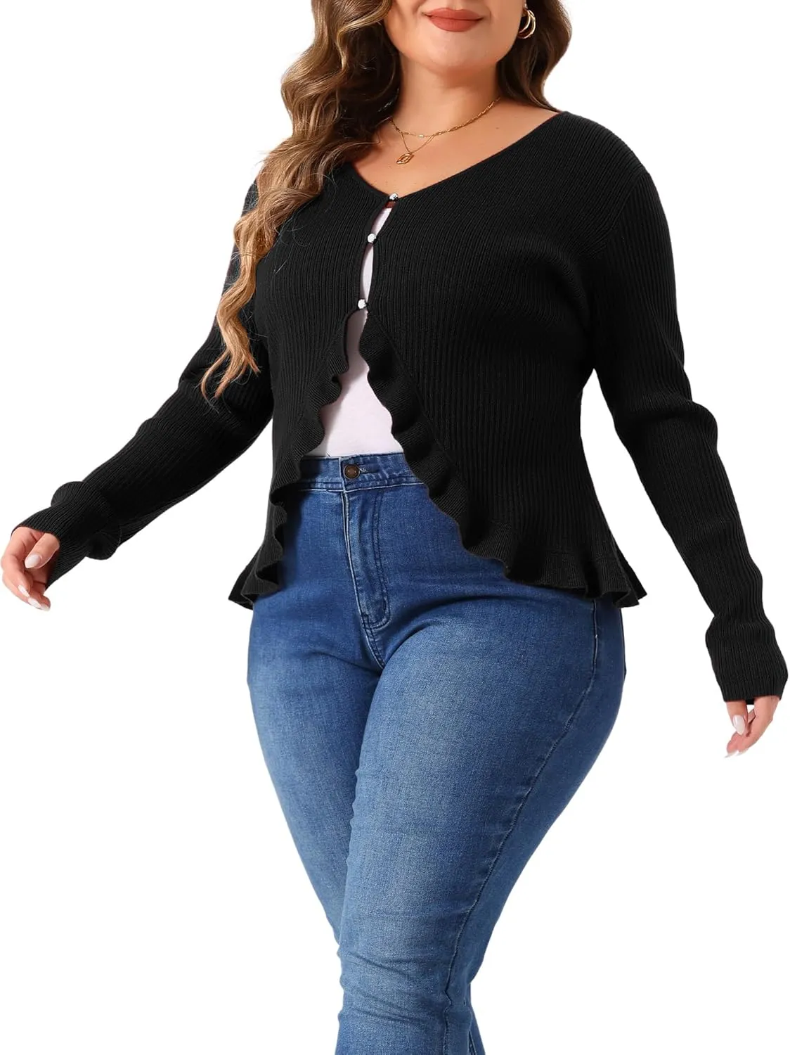 Agnes Orinda Plus Size Cardigans for Women Long Sleeve Knit Sweater Open Front Ruffled Button Cardigan Outerwear