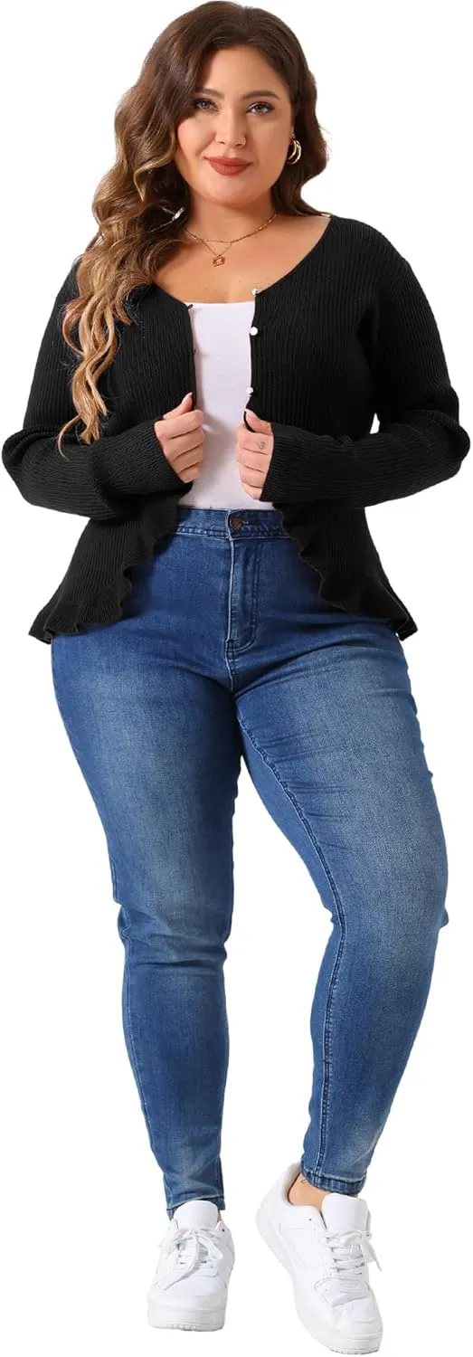 Agnes Orinda Plus Size Cardigans for Women Long Sleeve Knit Sweater Open Front Ruffled Button Cardigan Outerwear