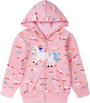 Akyzic Girls Zip Up Hoodie Toddler Lightweight Fall Jacket Cotton Unicorn Hooded Sweatshirt Kids Winter Outerwear