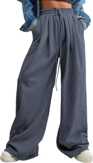 Aleumdr Wide Leg Sweatpants for Women 2025 Trendy Fashion High Waisted Drawstring Loose Long Pants with Pockets