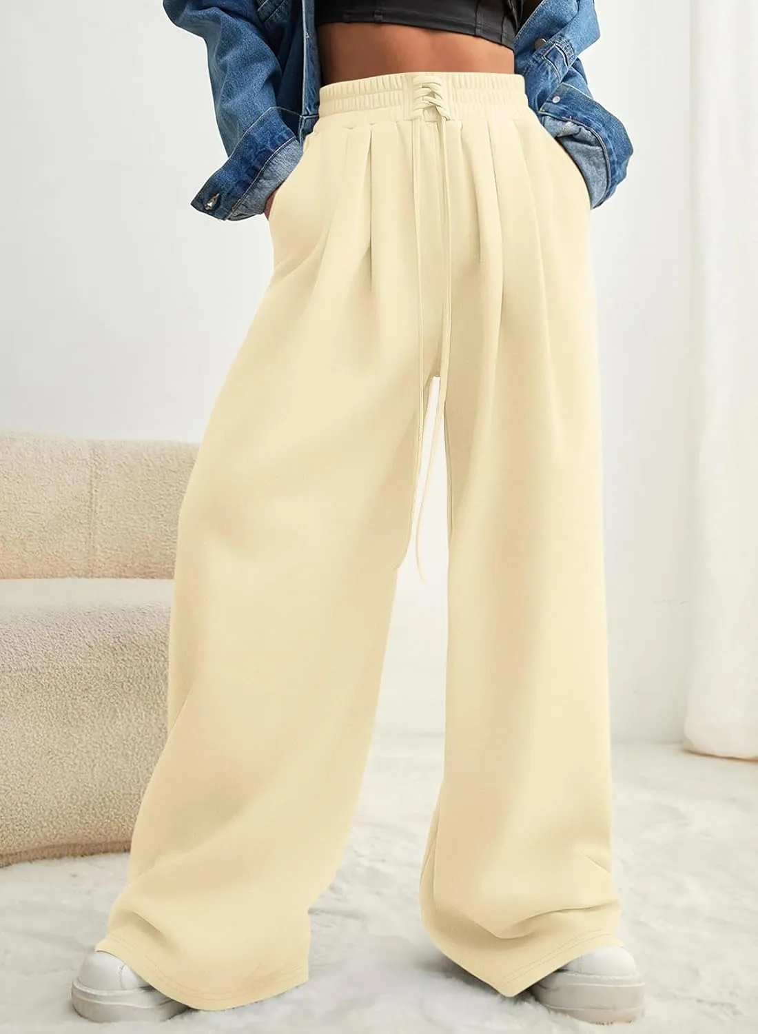 Aleumdr Wide Leg Sweatpants for Women 2025 Trendy Fashion High Waisted Drawstring Loose Long Pants with Pockets