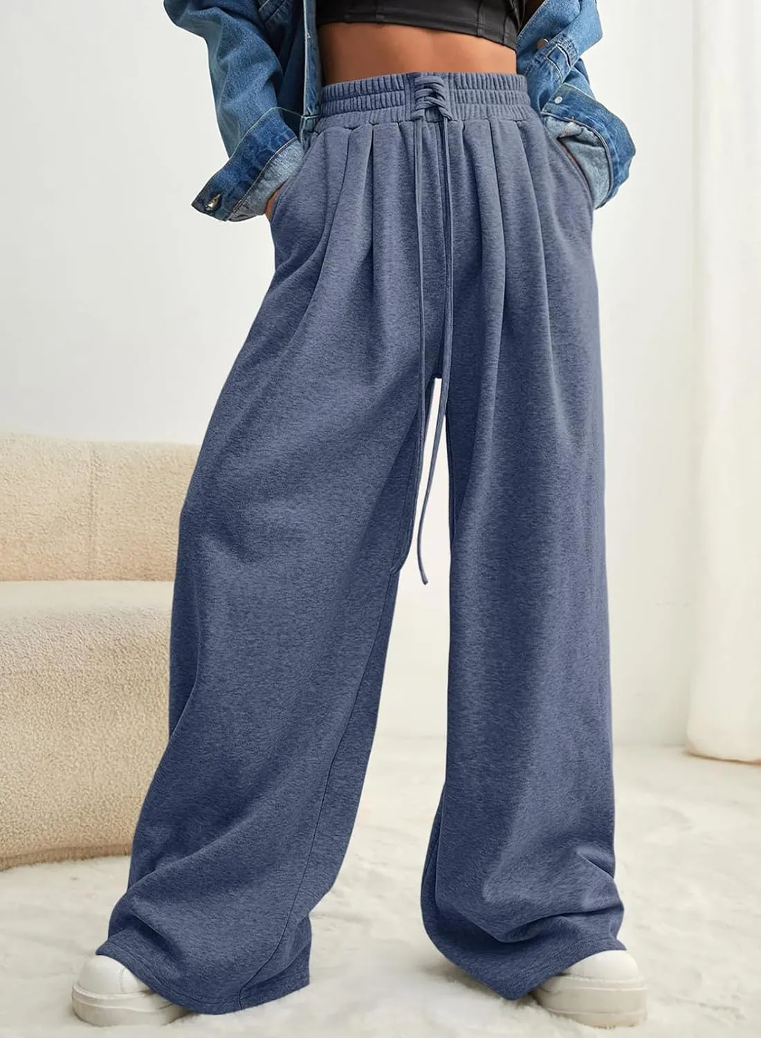 Aleumdr Wide Leg Sweatpants for Women 2025 Trendy Fashion High Waisted Drawstring Loose Long Pants with Pockets