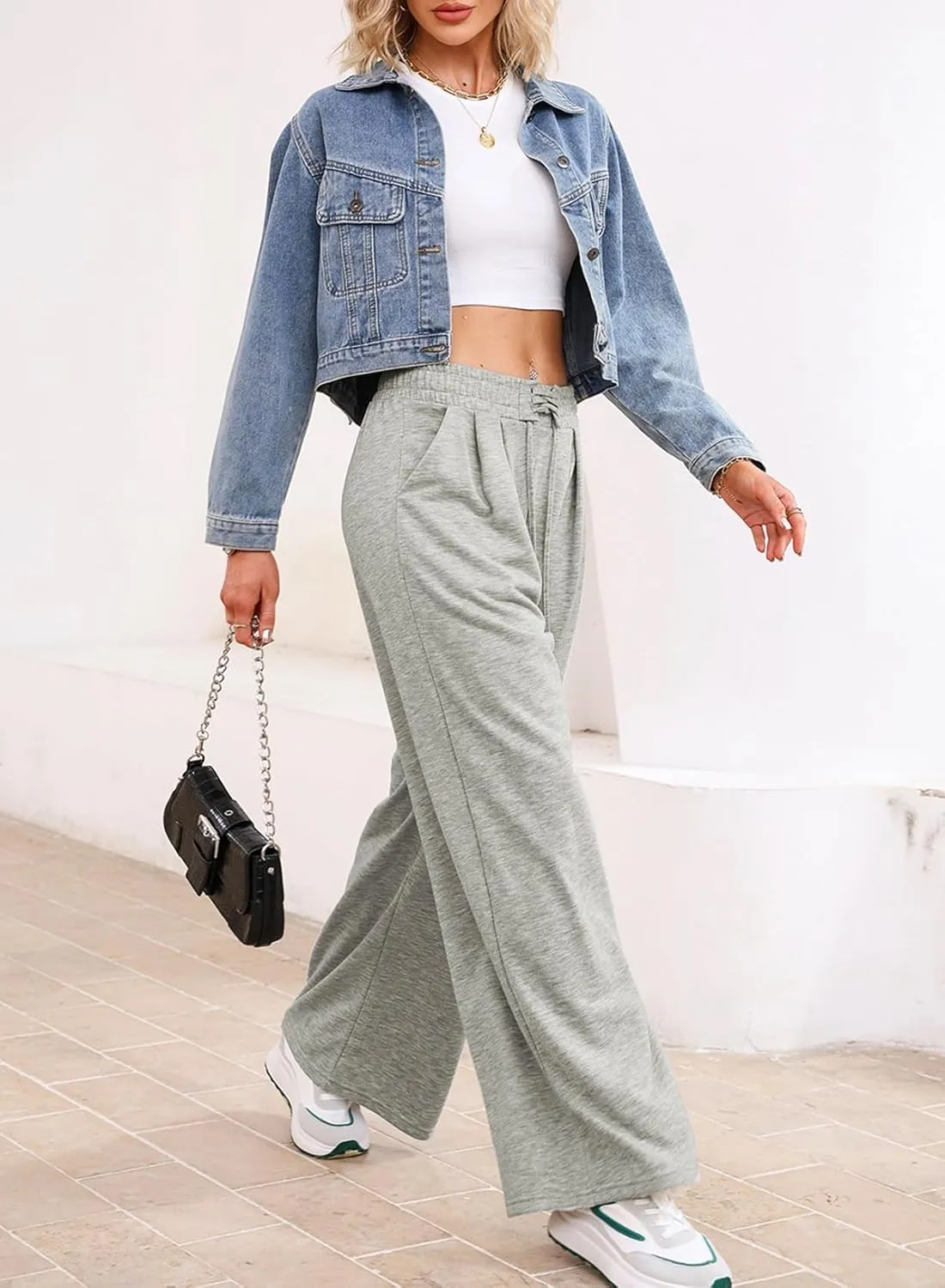 Aleumdr Wide Leg Sweatpants for Women 2025 Trendy Fashion High Waisted Drawstring Loose Long Pants with Pockets