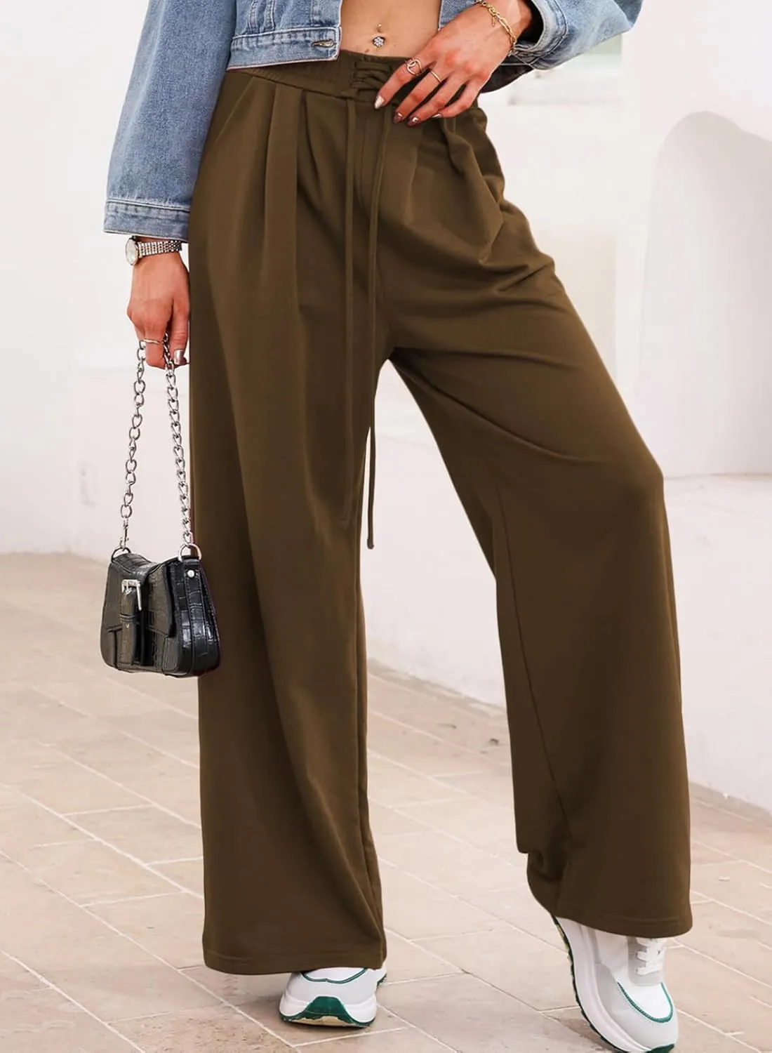 Aleumdr Wide Leg Sweatpants for Women 2025 Trendy Fashion High Waisted Drawstring Loose Long Pants with Pockets