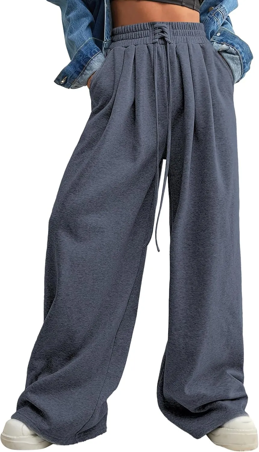 Aleumdr Wide Leg Sweatpants for Women 2025 Trendy Fashion High Waisted Drawstring Loose Long Pants with Pockets