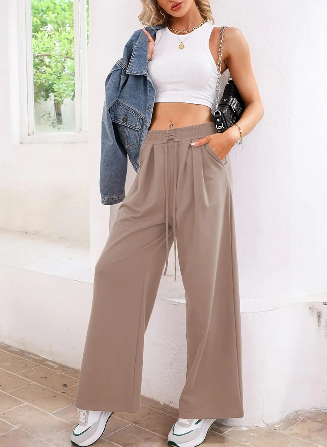 Aleumdr Wide Leg Sweatpants for Women 2025 Trendy Fashion High Waisted Drawstring Loose Long Pants with Pockets