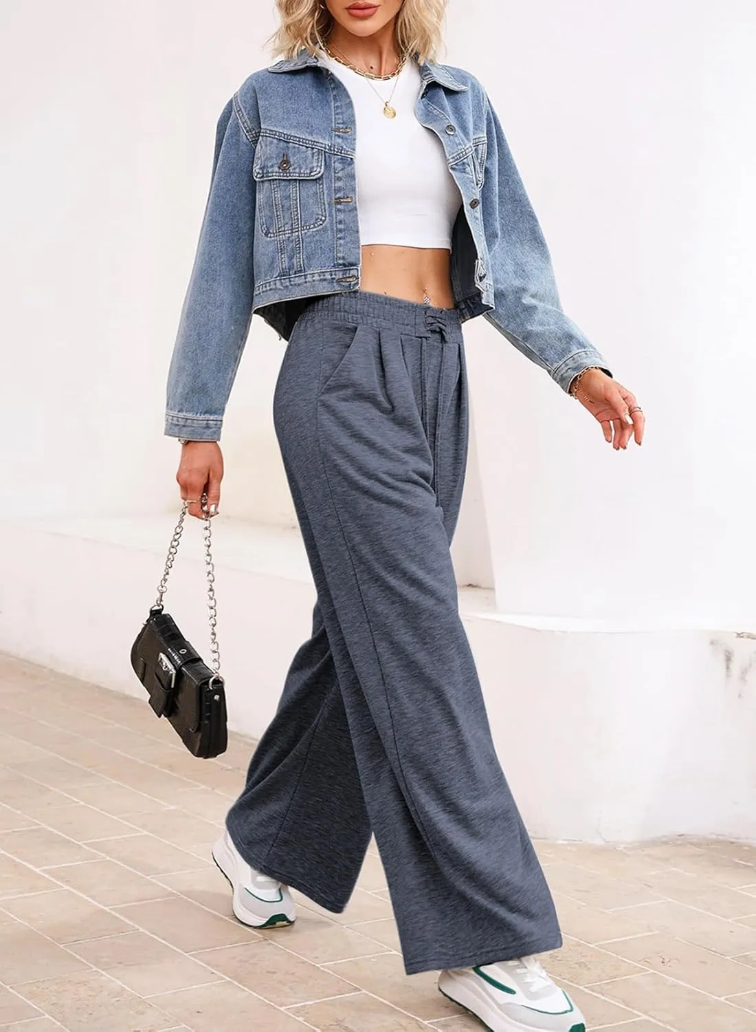 Aleumdr Wide Leg Sweatpants for Women 2025 Trendy Fashion High Waisted Drawstring Loose Long Pants with Pockets