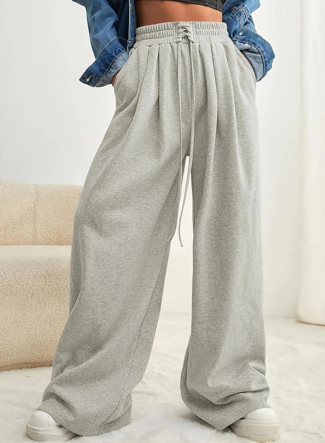Aleumdr Wide Leg Sweatpants for Women 2025 Trendy Fashion High Waisted Drawstring Loose Long Pants with Pockets