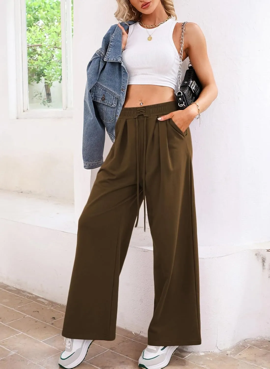 Aleumdr Wide Leg Sweatpants for Women 2025 Trendy Fashion High Waisted Drawstring Loose Long Pants with Pockets