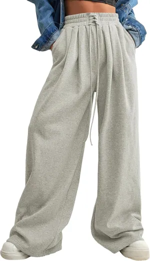 Aleumdr Wide Leg Sweatpants for Women 2025 Trendy Fashion High Waisted Drawstring Loose Long Pants with Pockets
