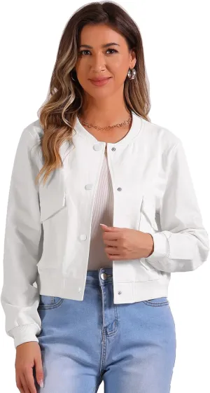 Allegra K Cropped Bomber Jacket for Women's Stand Collar Button Down Biker Moto Jackets
