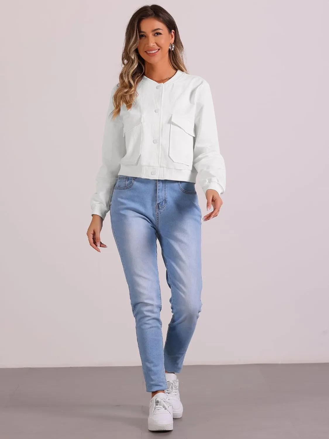 Allegra K Cropped Bomber Jacket for Women's Stand Collar Button Down Biker Moto Jackets