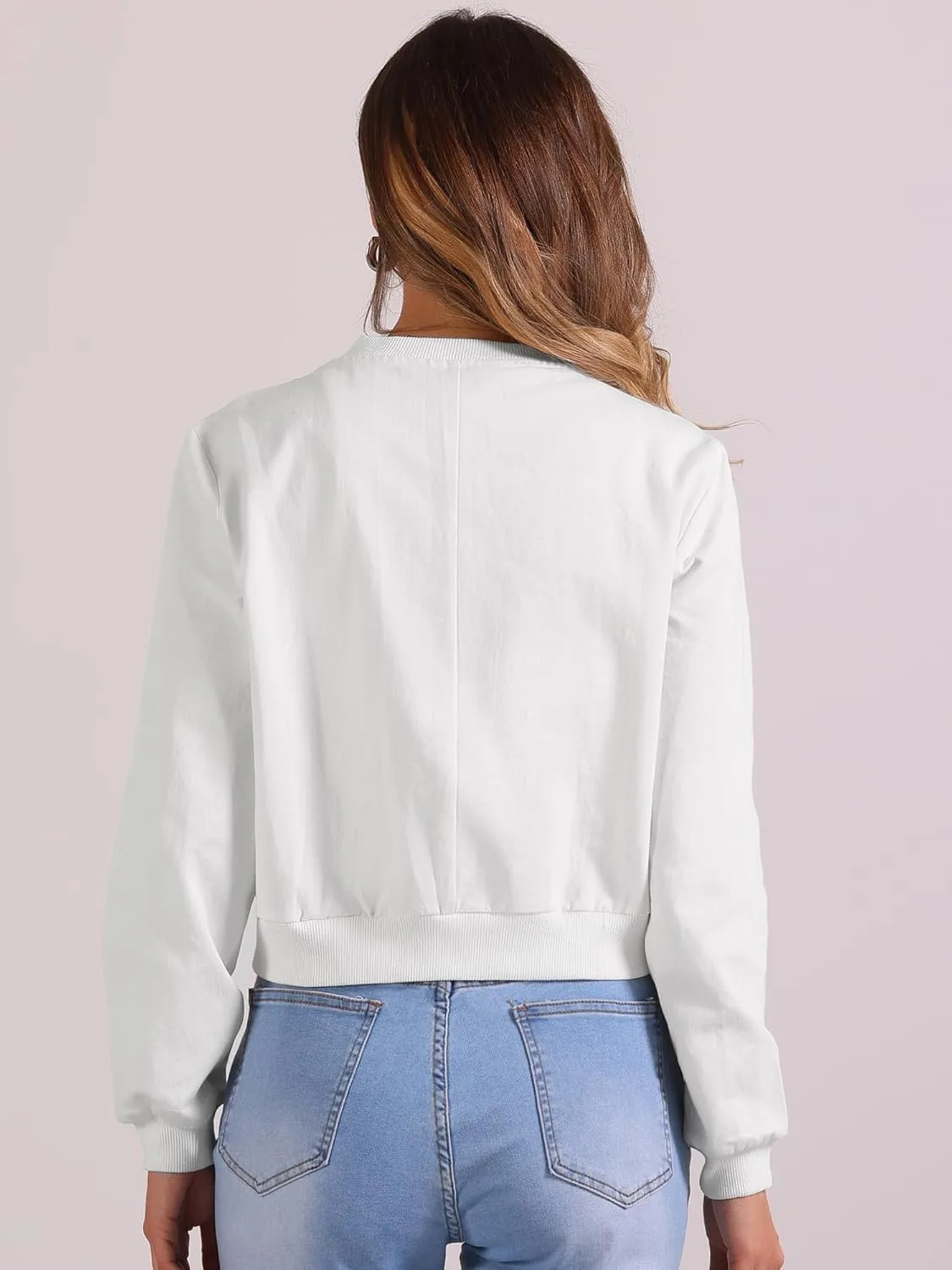 Allegra K Cropped Bomber Jacket for Women's Stand Collar Button Down Biker Moto Jackets