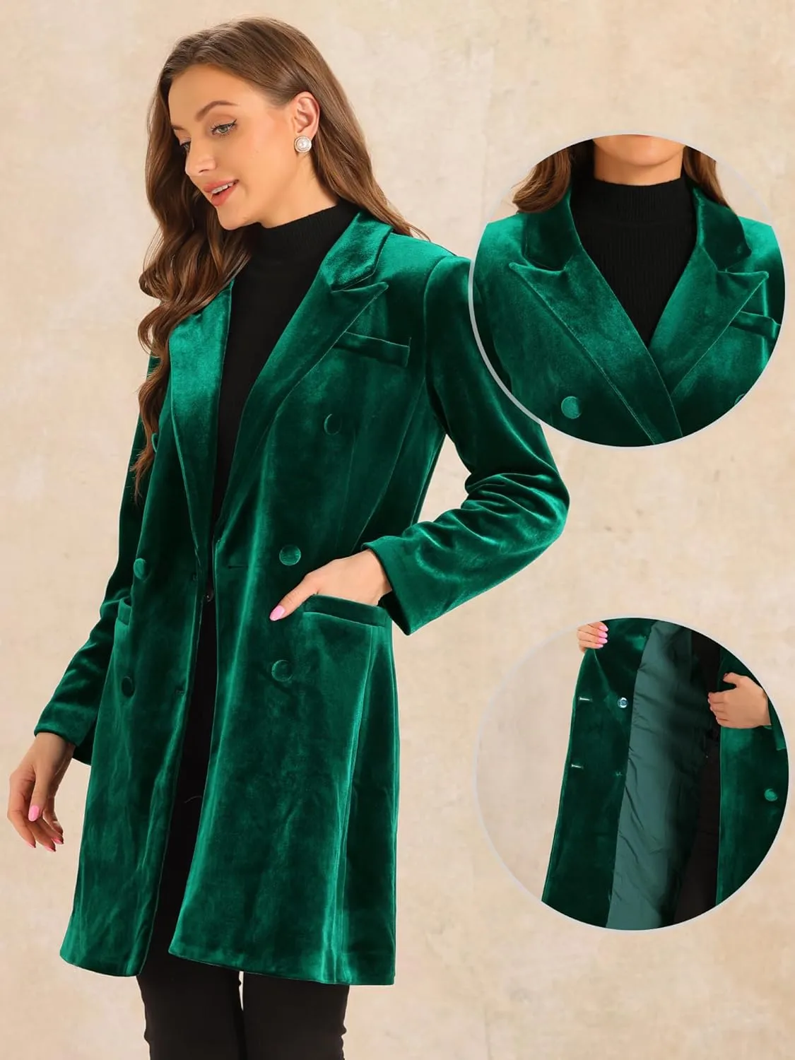 Allegra K Velvet Coat for Women's Lapel Double-Breasted Long Outerwear Winter Coats