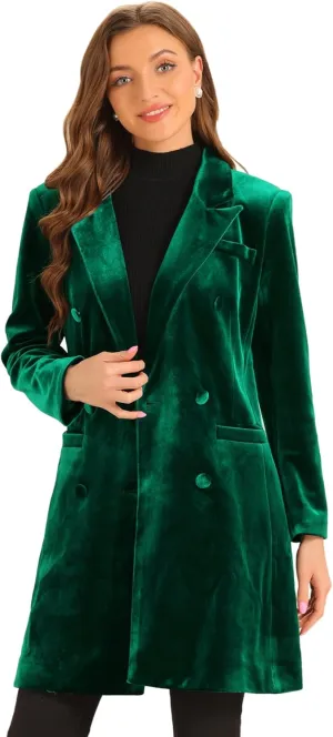 Allegra K Velvet Coat for Women's Lapel Double-Breasted Long Outerwear Winter Coats