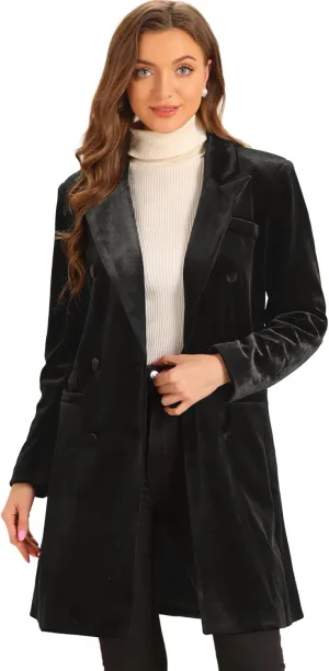 Allegra K Velvet Coat for Women's Lapel Double-Breasted Long Outerwear Winter Coats