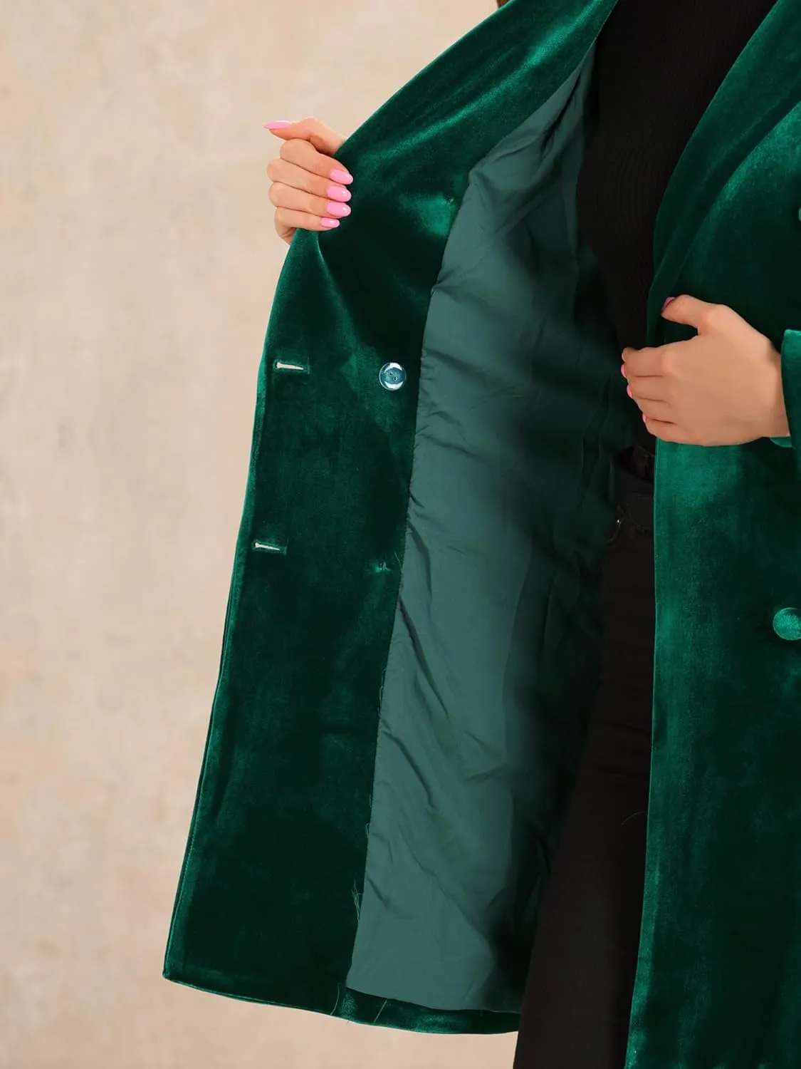 Allegra K Velvet Coat for Women's Lapel Double-Breasted Long Outerwear Winter Coats