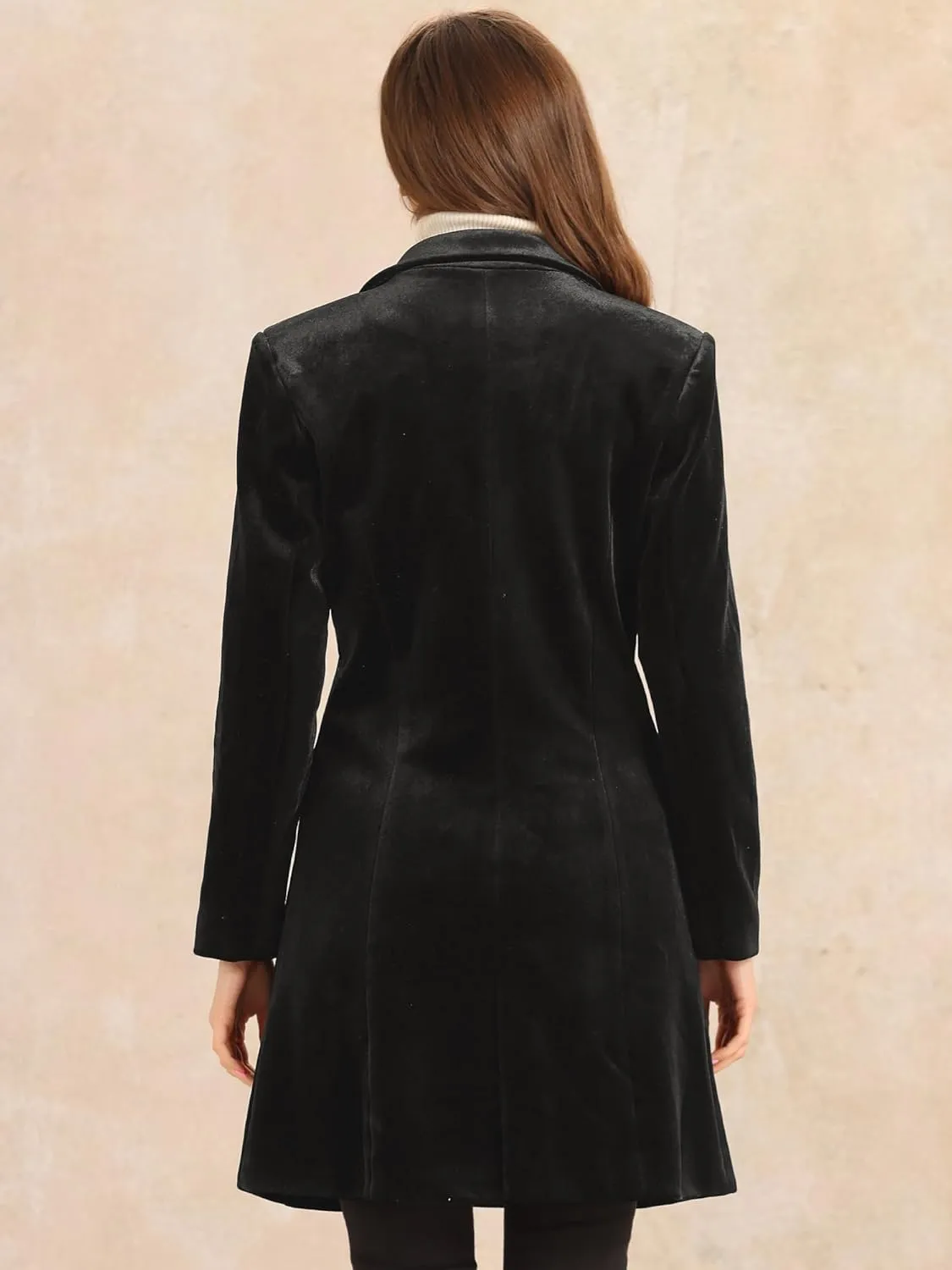 Allegra K Velvet Coat for Women's Lapel Double-Breasted Long Outerwear Winter Coats
