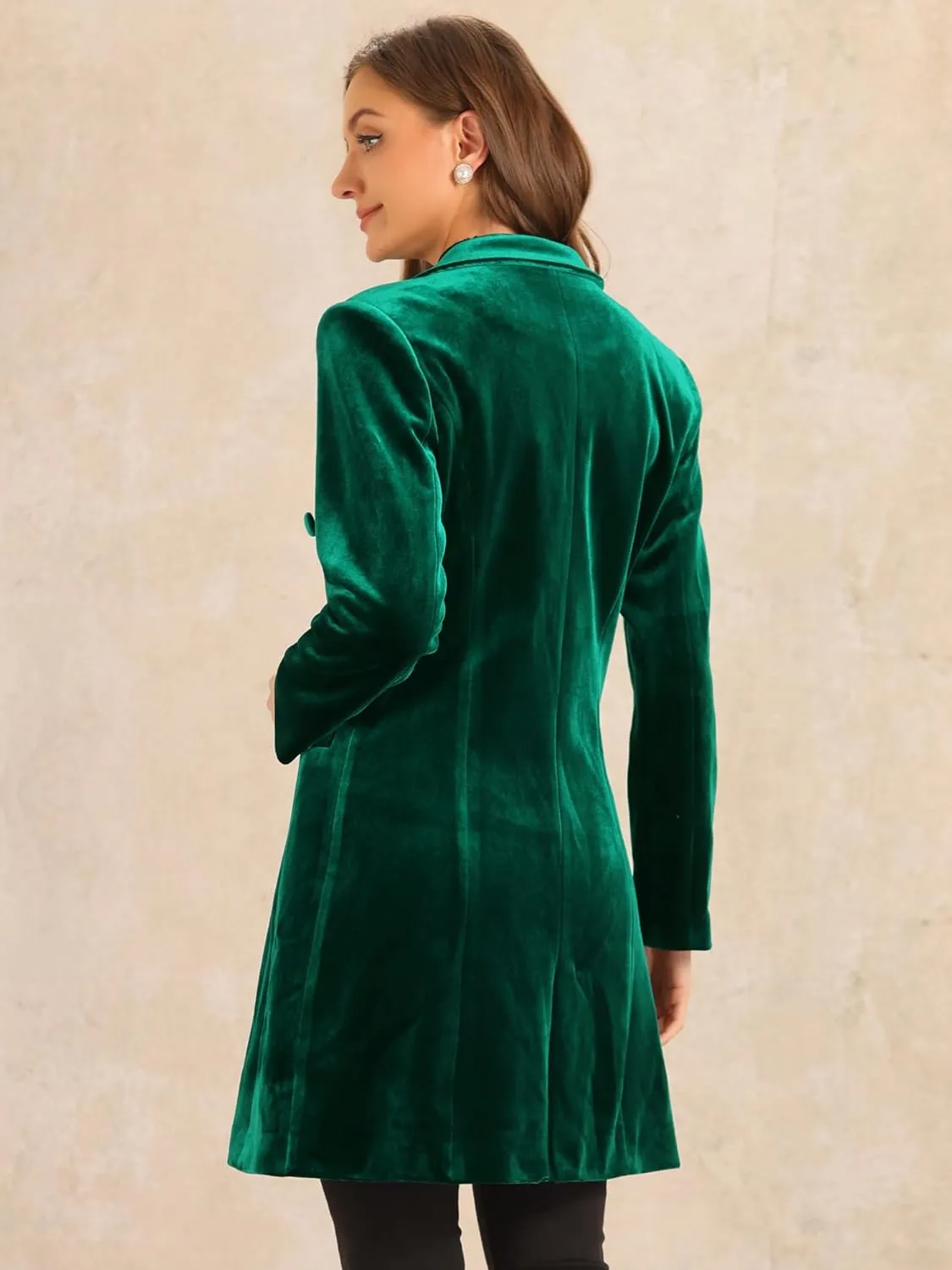 Allegra K Velvet Coat for Women's Lapel Double-Breasted Long Outerwear Winter Coats