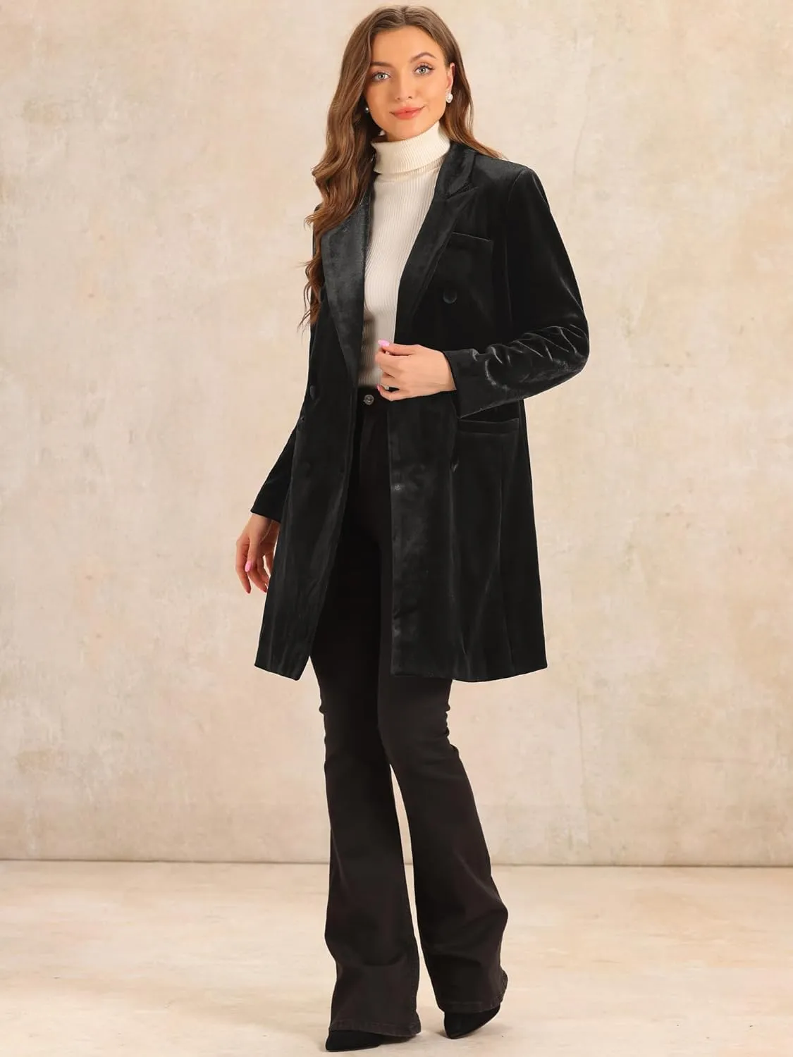 Allegra K Velvet Coat for Women's Lapel Double-Breasted Long Outerwear Winter Coats