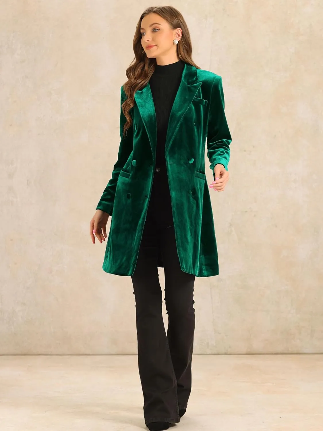 Allegra K Velvet Coat for Women's Lapel Double-Breasted Long Outerwear Winter Coats