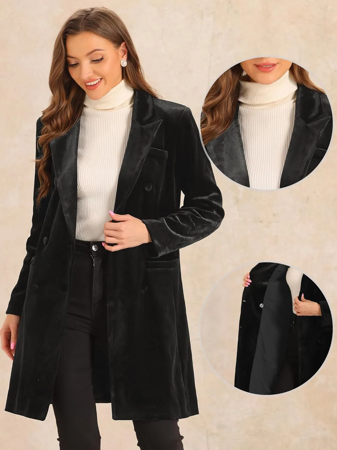 Allegra K Velvet Coat for Women's Lapel Double-Breasted Long Outerwear Winter Coats