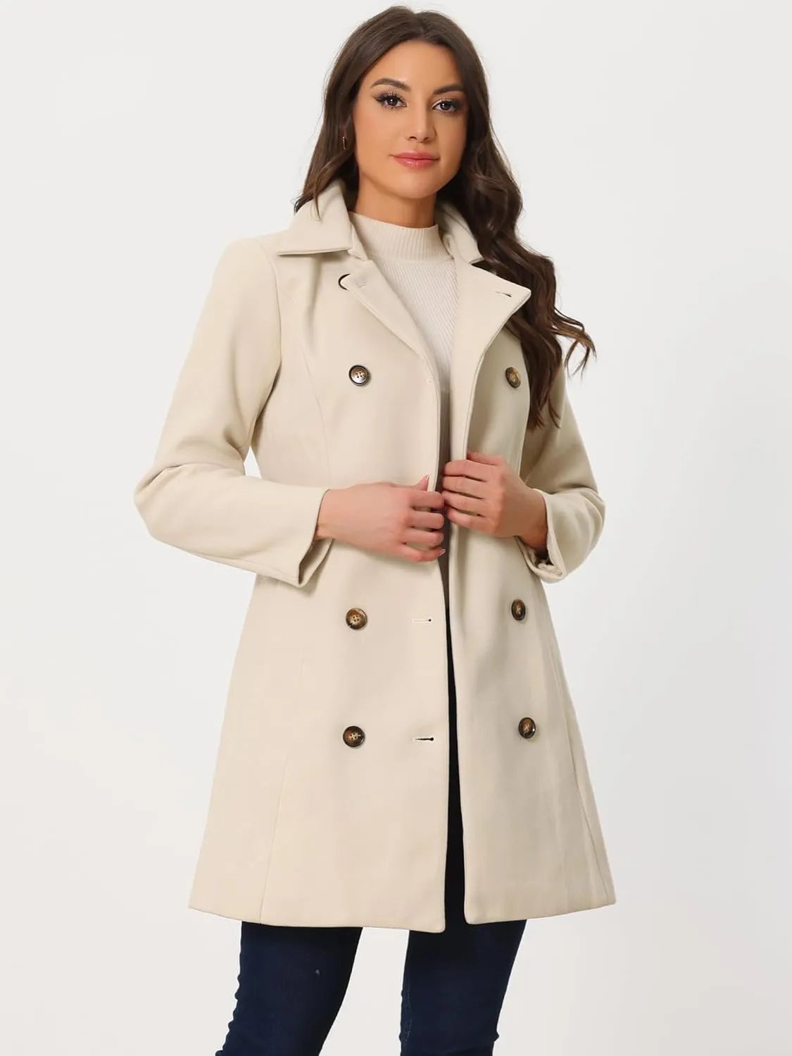 Allegra K Winter Pea Coat for Women's Lapel Belted Outwear Double Breasted Mid Long Overcoat