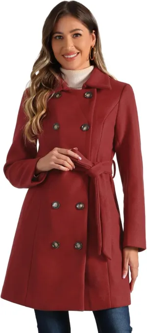 Allegra K Winter Pea Coat for Women's Lapel Belted Outwear Double Breasted Mid Long Overcoat