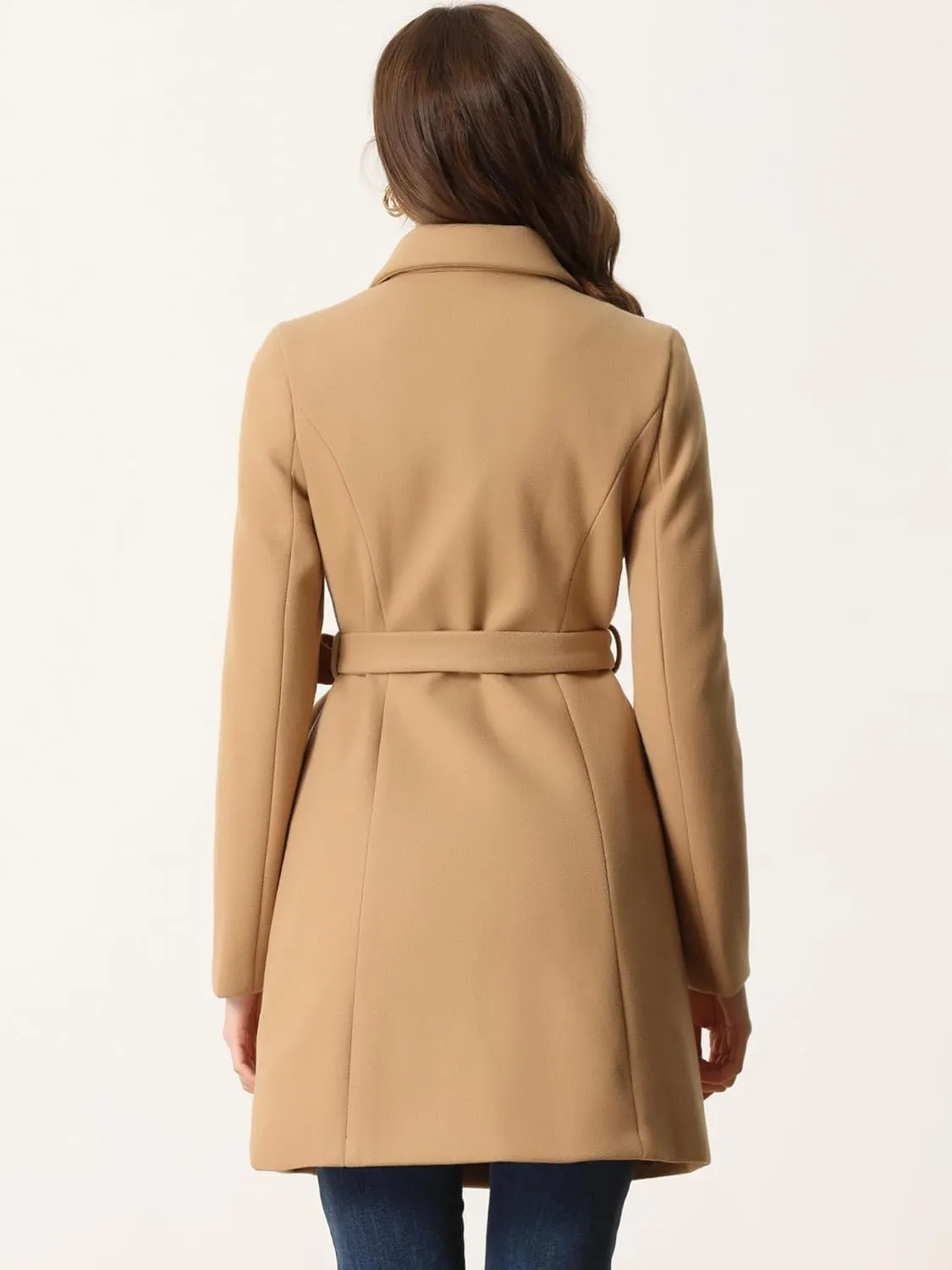 Allegra K Winter Pea Coat for Women's Lapel Belted Outwear Double Breasted Mid Long Overcoat