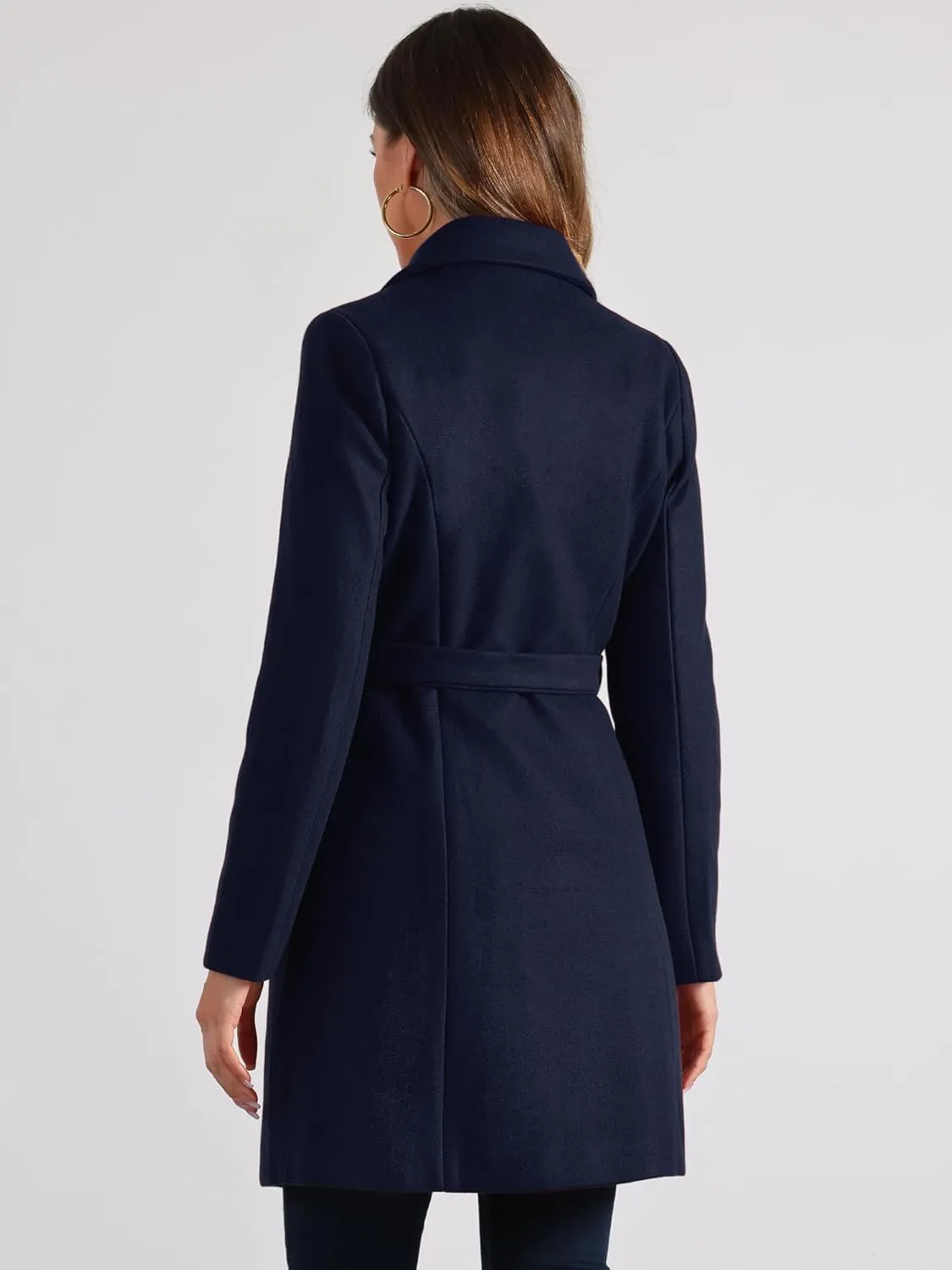 Allegra K Winter Pea Coat for Women's Lapel Belted Outwear Double Breasted Mid Long Overcoat