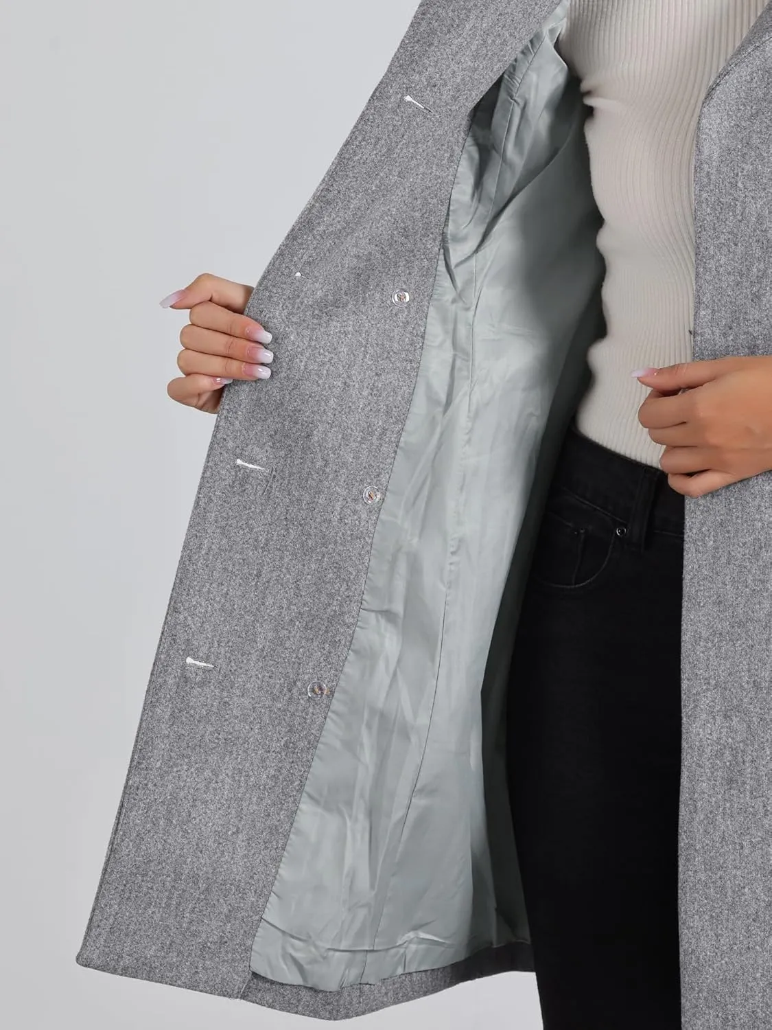 Allegra K Winter Pea Coat for Women's Lapel Belted Outwear Double Breasted Mid Long Overcoat