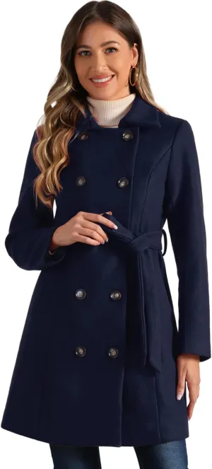 Allegra K Winter Pea Coat for Women's Lapel Belted Outwear Double Breasted Mid Long Overcoat
