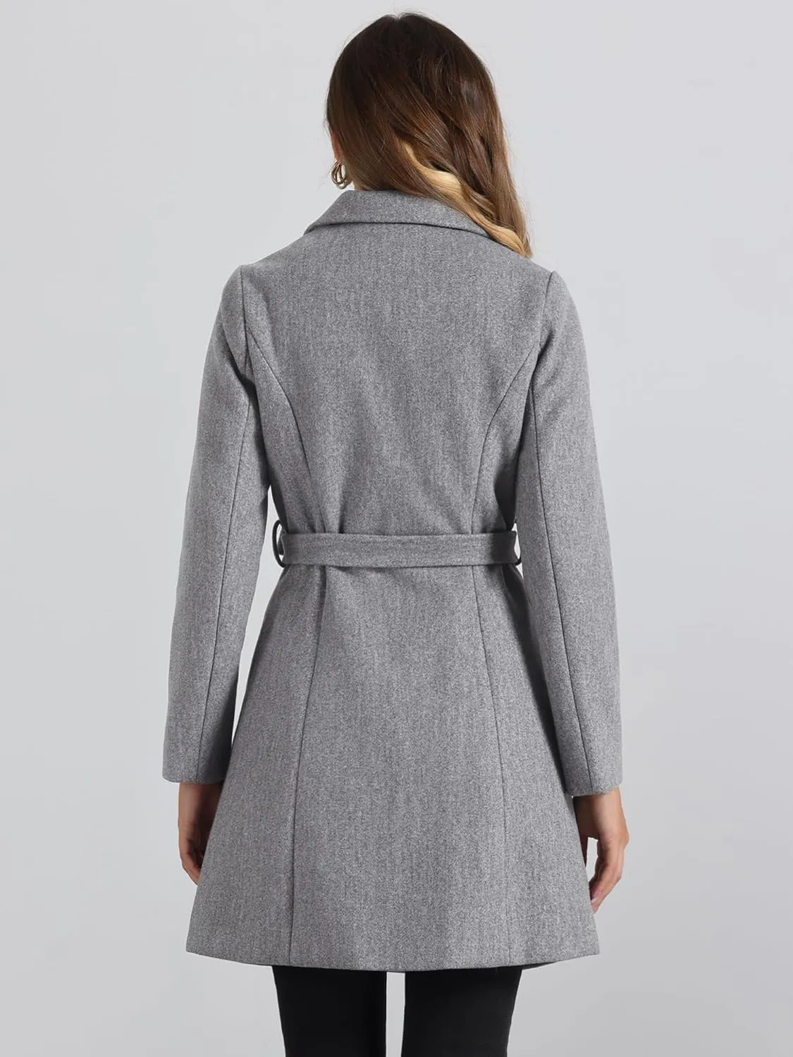 Allegra K Winter Pea Coat for Women's Lapel Belted Outwear Double Breasted Mid Long Overcoat