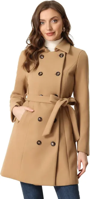 Allegra K Winter Pea Coat for Women's Lapel Belted Outwear Double Breasted Mid Long Overcoat