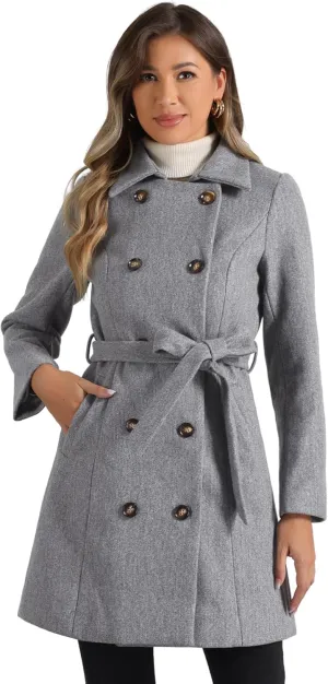 Allegra K Winter Pea Coat for Women's Lapel Belted Outwear Double Breasted Mid Long Overcoat