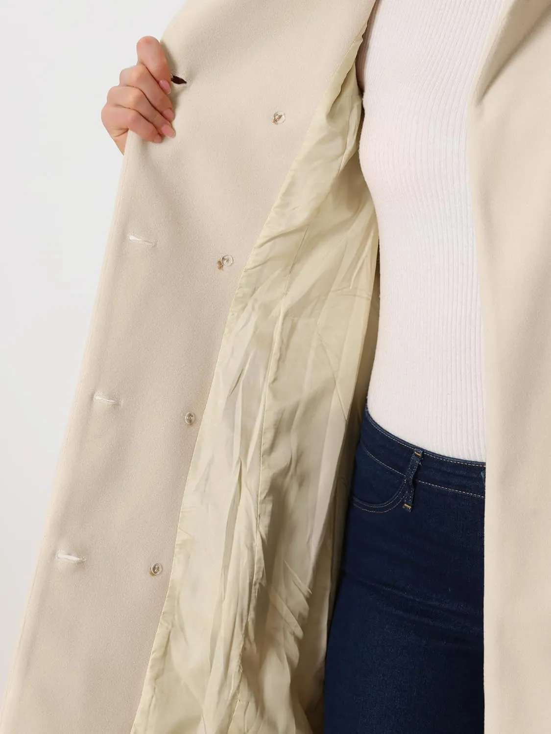 Allegra K Winter Pea Coat for Women's Lapel Belted Outwear Double Breasted Mid Long Overcoat