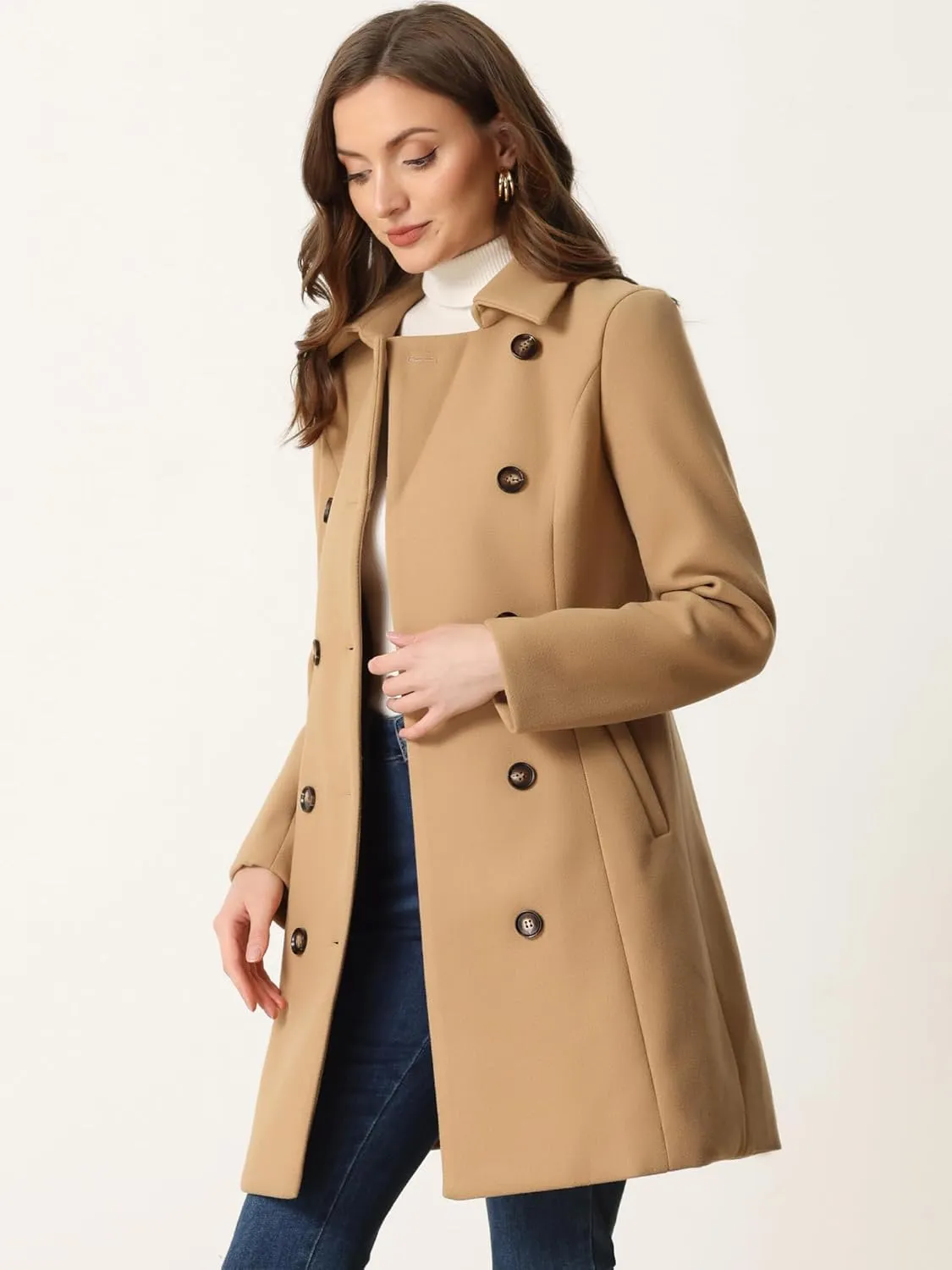 Allegra K Winter Pea Coat for Women's Lapel Belted Outwear Double Breasted Mid Long Overcoat