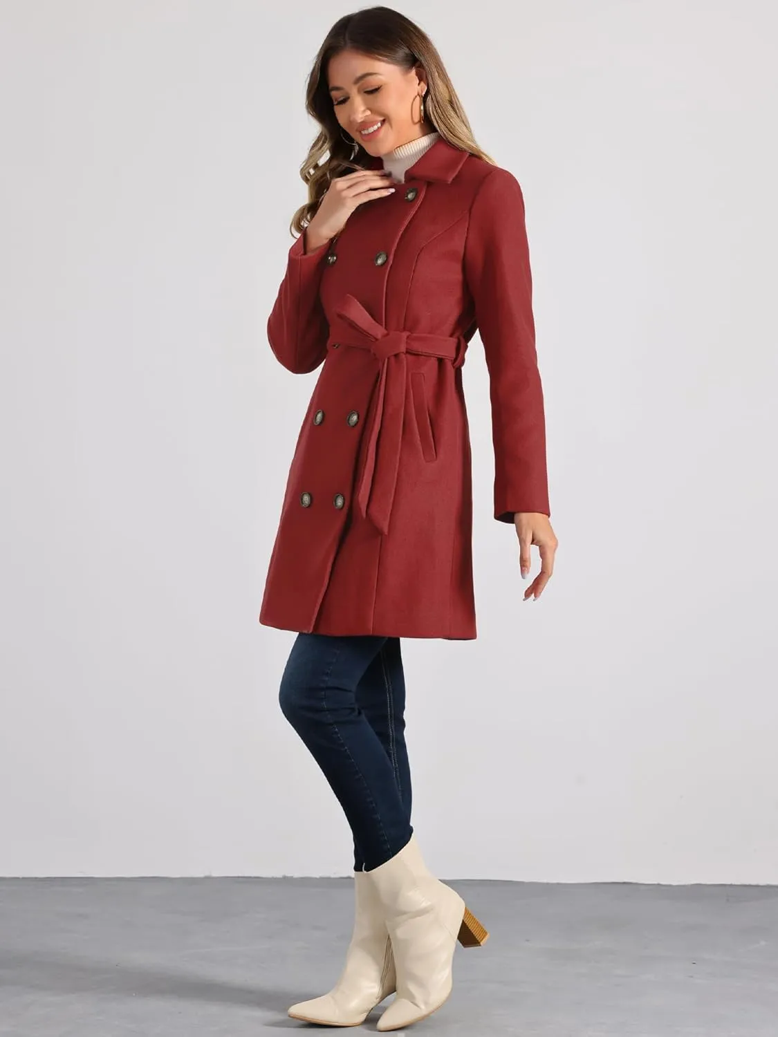 Allegra K Winter Pea Coat for Women's Lapel Belted Outwear Double Breasted Mid Long Overcoat