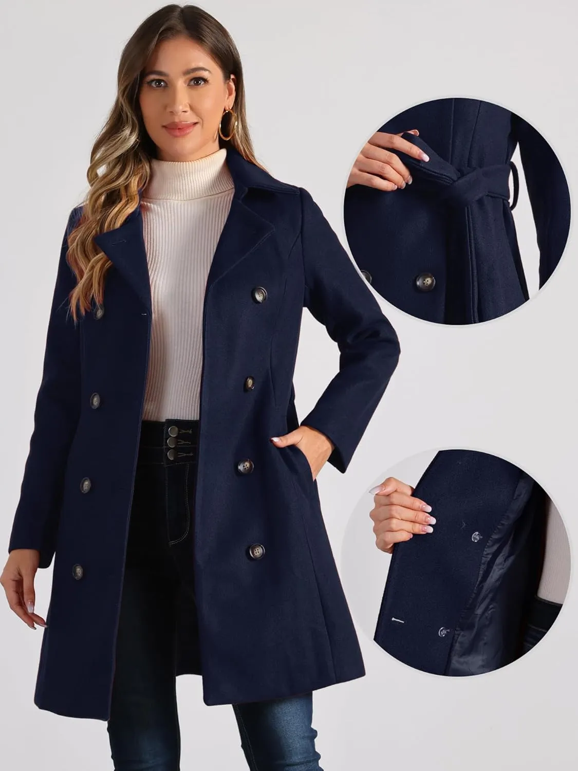 Allegra K Winter Pea Coat for Women's Lapel Belted Outwear Double Breasted Mid Long Overcoat