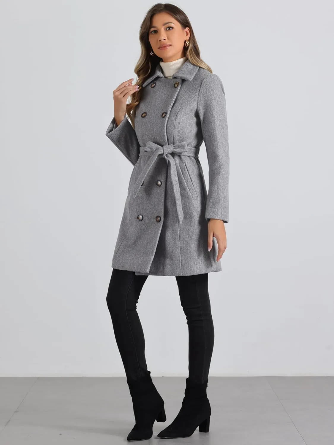 Allegra K Winter Pea Coat for Women's Lapel Belted Outwear Double Breasted Mid Long Overcoat
