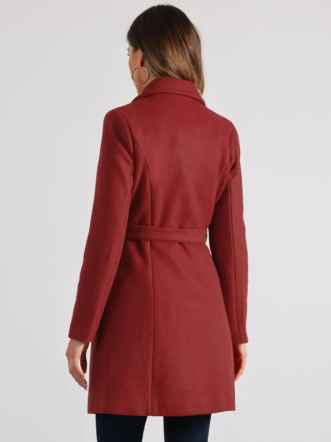 Allegra K Winter Pea Coat for Women's Lapel Belted Outwear Double Breasted Mid Long Overcoat