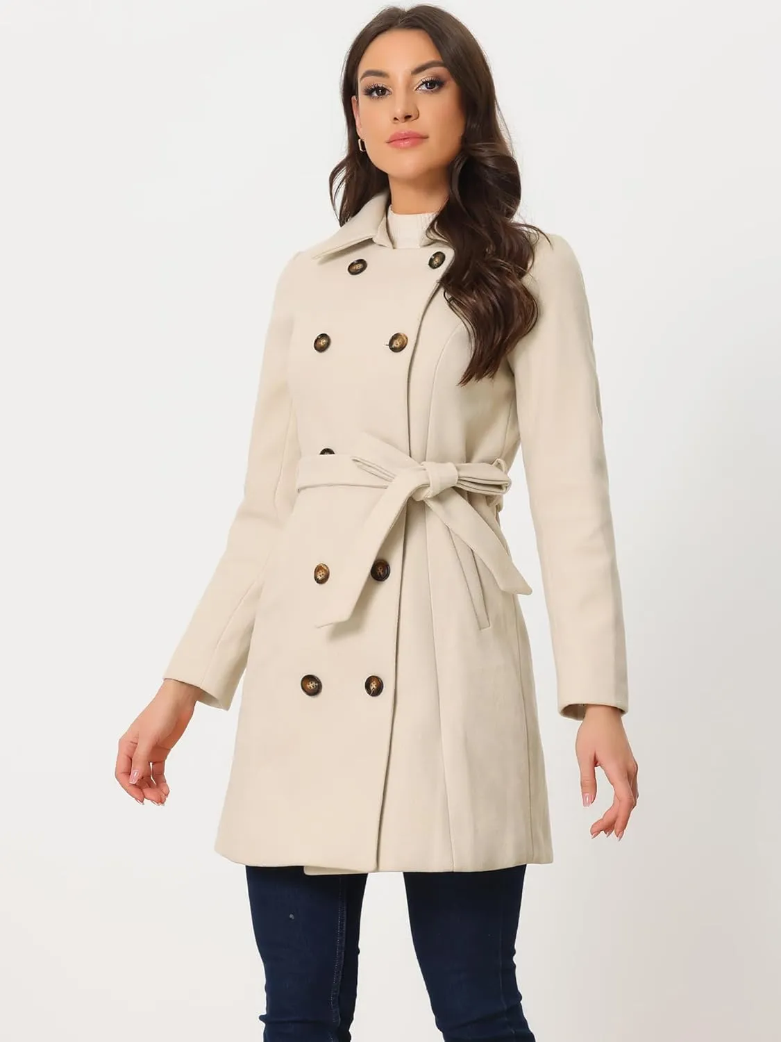 Allegra K Winter Pea Coat for Women's Lapel Belted Outwear Double Breasted Mid Long Overcoat