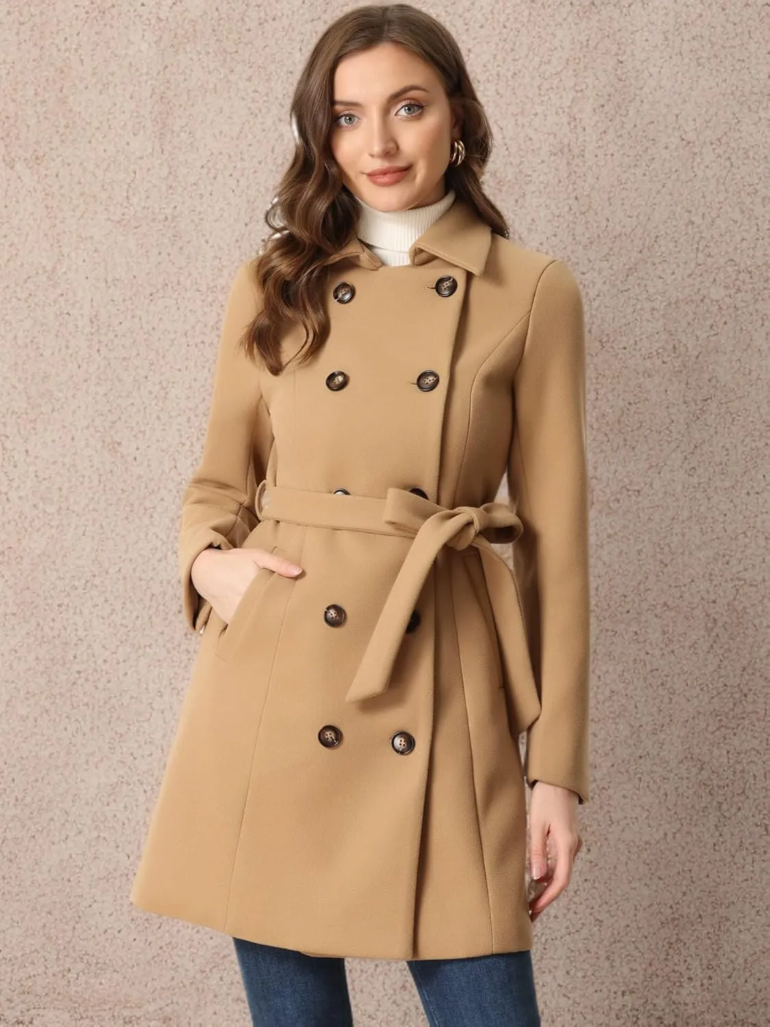 Allegra K Winter Pea Coat for Women's Lapel Belted Outwear Double Breasted Mid Long Overcoat