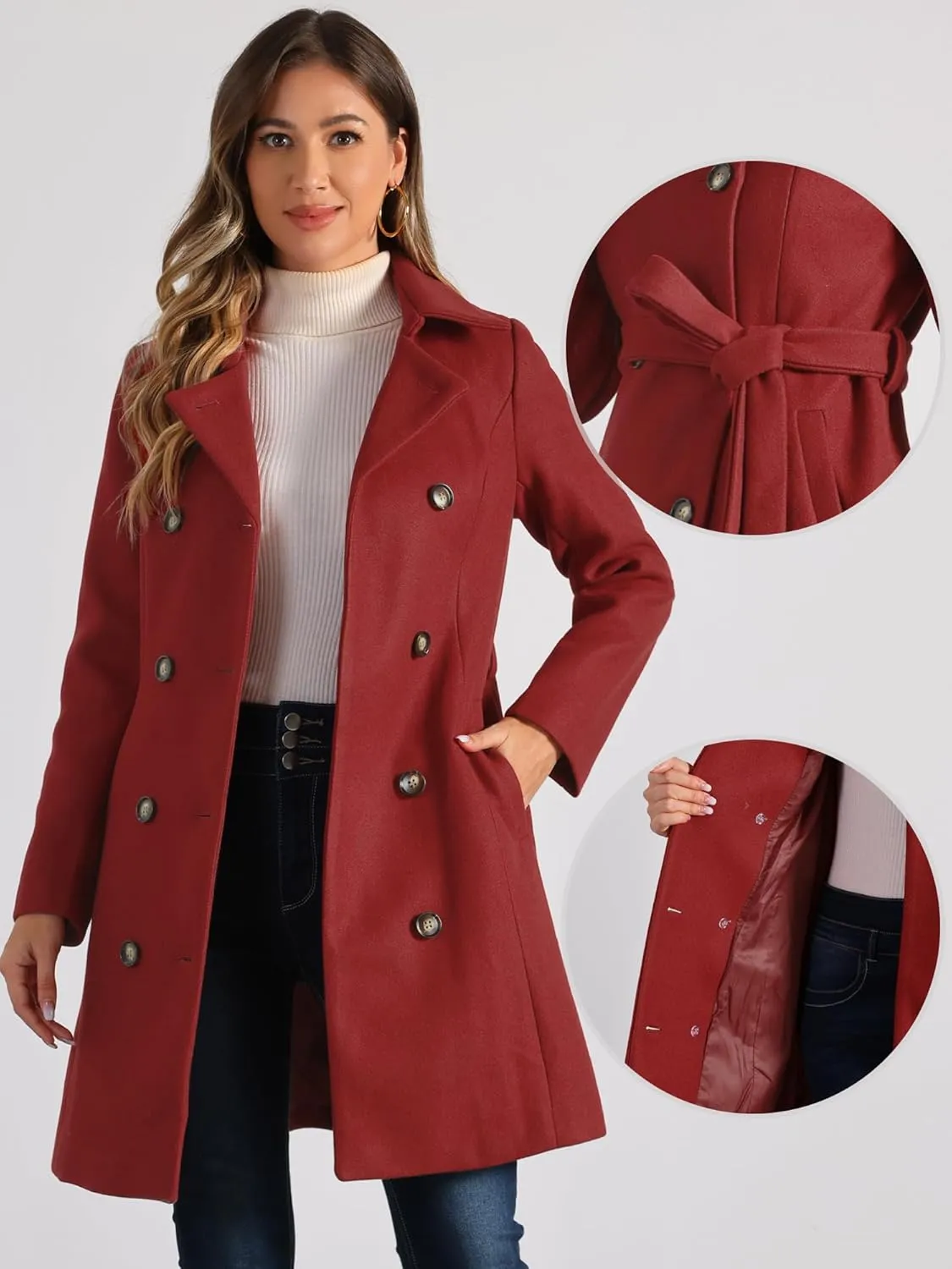 Allegra K Winter Pea Coat for Women's Lapel Belted Outwear Double Breasted Mid Long Overcoat