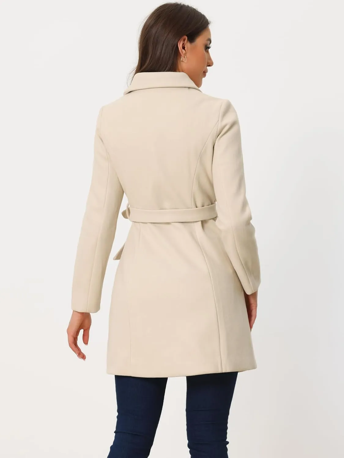 Allegra K Winter Pea Coat for Women's Lapel Belted Outwear Double Breasted Mid Long Overcoat
