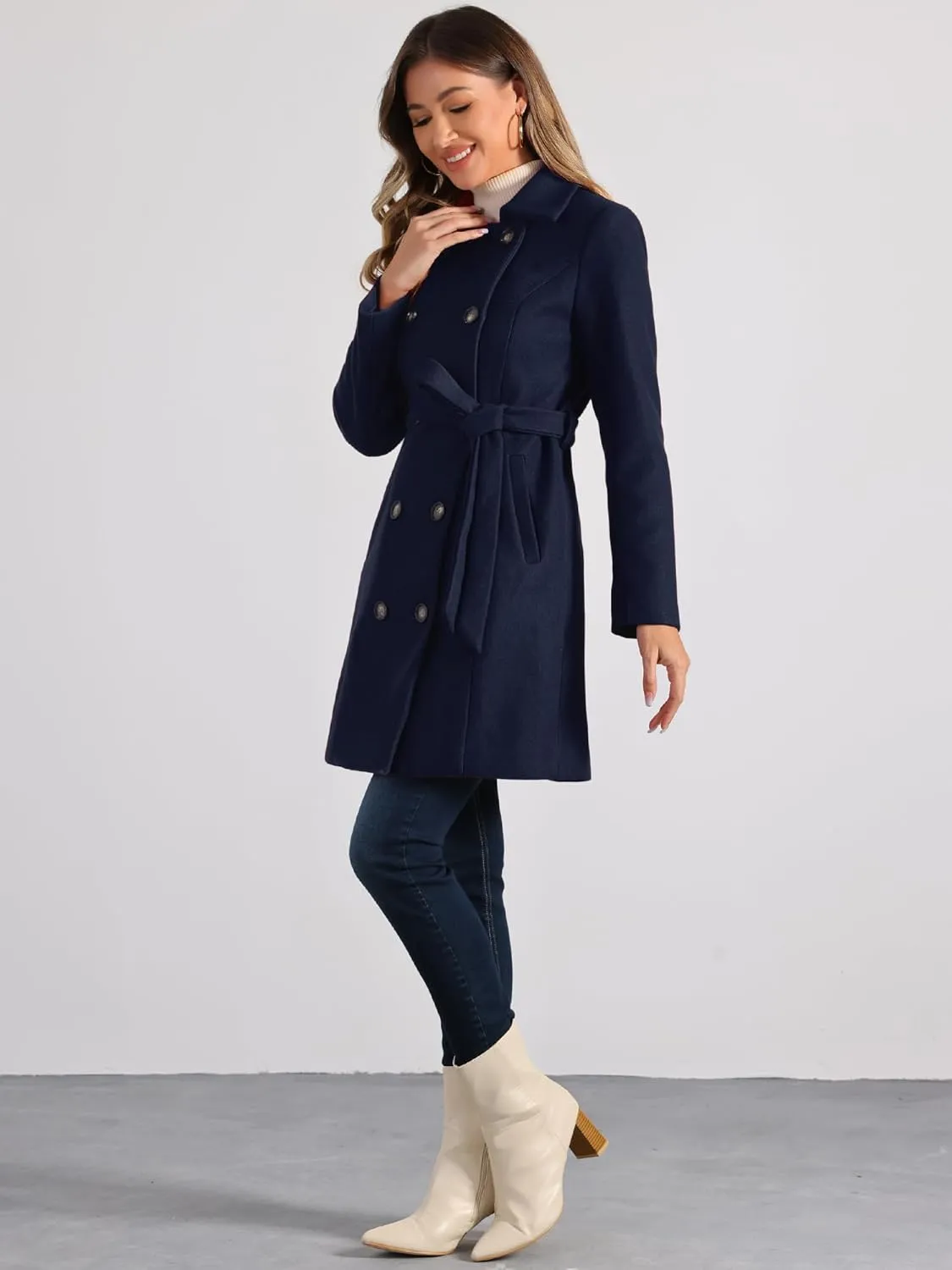 Allegra K Winter Pea Coat for Women's Lapel Belted Outwear Double Breasted Mid Long Overcoat