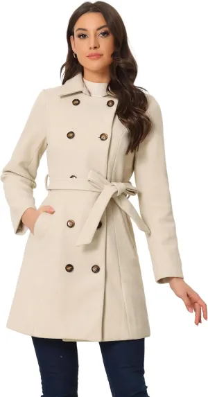 Allegra K Winter Pea Coat for Women's Lapel Belted Outwear Double Breasted Mid Long Overcoat