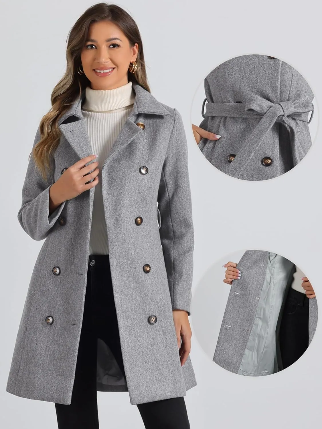 Allegra K Winter Pea Coat for Women's Lapel Belted Outwear Double Breasted Mid Long Overcoat