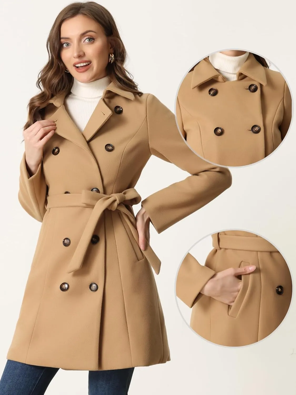 Allegra K Winter Pea Coat for Women's Lapel Belted Outwear Double Breasted Mid Long Overcoat
