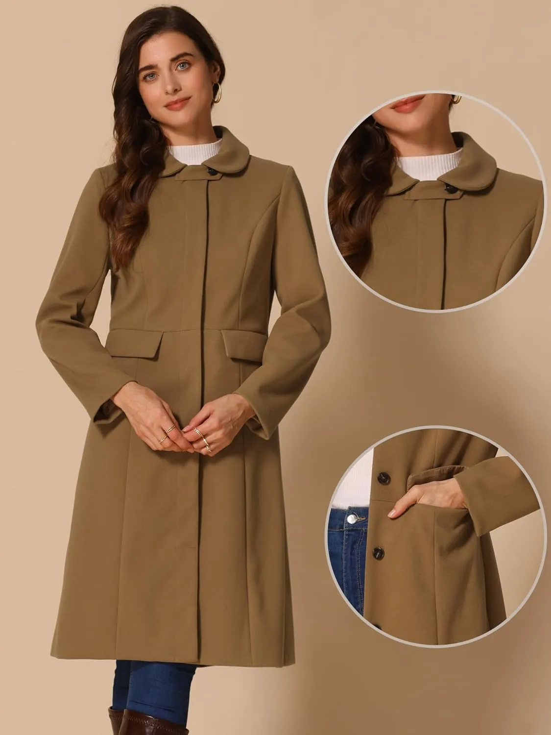 Allegra K Winter Trench Coat for Women's Vintage Peter Pan Collar Single Breasted Long Overcoat Peacoat